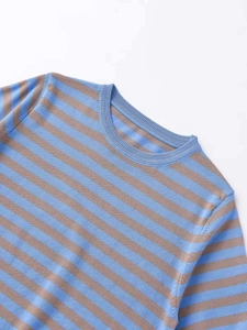Detail of blue and brown striped knit sweater showing ribbed crew neck and soft texture