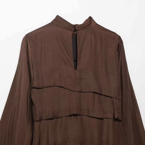 Elegant dark brown satin long-sleeve blouse with stand collar and double-layered ruffles