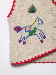 Detail of knit vest with red crochet trim and colorful animal embroidery on oatmeal fabric
