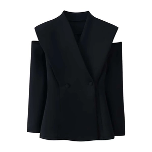 Slim fit off-shoulder black blazer with elegant overlapping lapels and waist-cinching cut