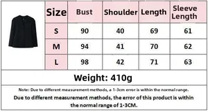Size chart for V-neck long sleeve blazer including bust, shoulder, and length measurements