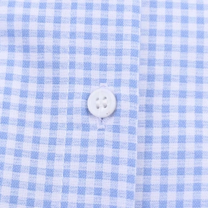 Close-up of blue and white checkered shirt fabric with a white round four-hole button
