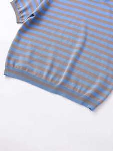Detail of blue and brown striped knit sweater showing ribbed cuffs and hem texture
