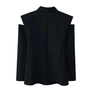 Women's chic black cold-shoulder blazer with slim fit tailoring and a stand collar design