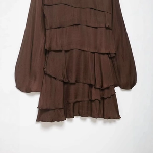 Elegance brown satin tiered mini dress with ruffled layers and vintage lantern sleeves