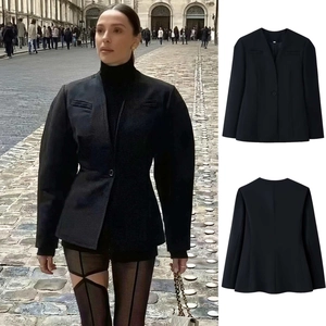 Women Elegant Collarless V Neck Blazer Solid Color Single Button Slim Fit Long Sleeve Mid Length Commuter Suit Jacket Black