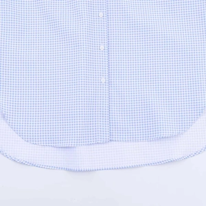 Close-up of blue and white gingham shirt featuring white buttons and curved hem details