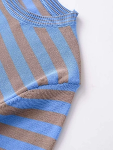 Detailed macro view of the blue and brown striped knit sweater ribbed neckline