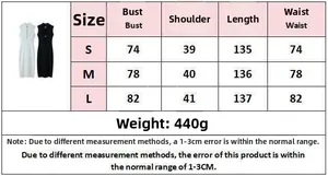 Tableau des tailles pour robe longue sans manches avec détails métalliques en S, M, L