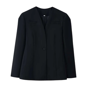 Classic black single-button V-neck blazer for women with a sleek and minimalist fit