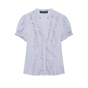 Women's blue striped short sleeve V-neck shirt with ruffled trim and button front