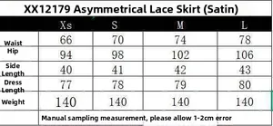 Guide des tailles pour jupe asymétrique en satin avec mesures détaillées du XS au L