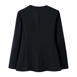 Back view of a classic black long sleeve suit jacket with a sleek minimalist collarless design