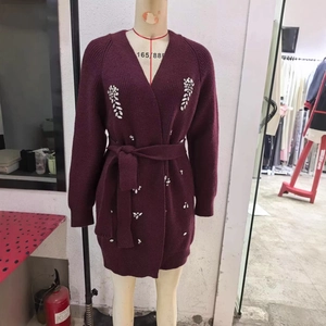 Elegant deep burgundy wrap knit cardigan with floral rhinestone beadwork and belt