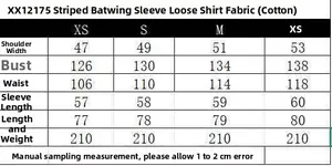 Size chart for blue striped poplin shirt showing bust and length measurements