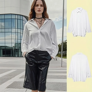 Women Casual Loose BF Style Striped Shirt Long Sleeve Lapel Button Up Blouse Top For Daily Office Wear White