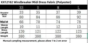 Detailed size guide table for commuter midi dress with shoulder and length measurements