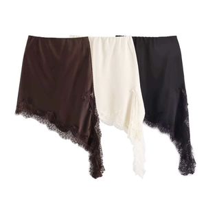 Jupe Asymétrique en Satin pour Femme Avec Bordure en Dentelle Mini-Jupe Taille Haute Élégante Couleur Unie Sexy Party
