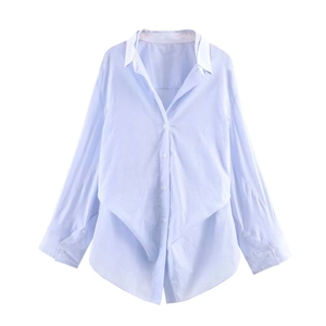 Women Casual Blue Striped Long Sleeve Blouse Asymmetrical Hem Contrast Collar Poplin Shirt Office Lady Commuting Tops