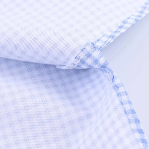Close-up of blue and white gingham fabric showing precise stitching and woven texture