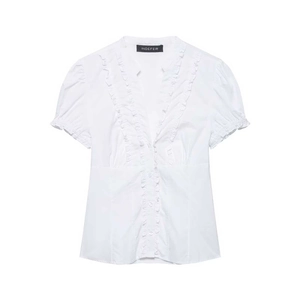 Women's white short-sleeve V-neck blouse featuring ruffled collar and button-up front