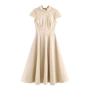 Women Minimalist Apricot Flutter Sleeve Midi Dress Standing Collar Bow Tie Back High Waist Elegant Office Daily Summer Dress