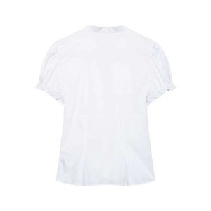 Rear view detail of white V-neck blouse with puff sleeves and cinched waist stitching