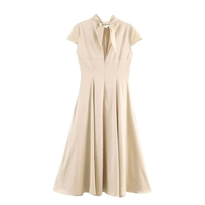 Elegant beige short sleeve dress with bow-tie collar and flared hem for women