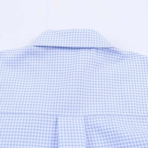 Detail of blue and white gingham shirt collar and back yoke stitching quality