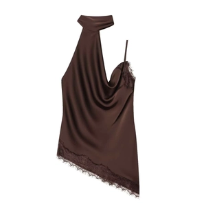 Detail of dark brown satin halter top featuring asymmetric cut and delicate lace trim edge