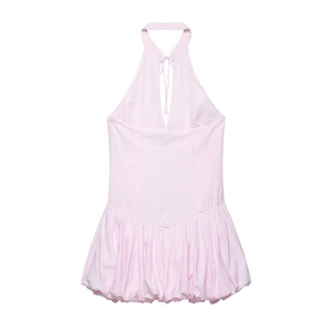 Abito corto rosa a lupetto in popeline con orlo a palloncino e laccio decorativo sul collo