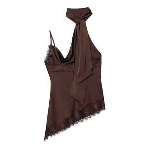 Detail of coffee brown satin halter top with lace trim and asymmetrical hem design