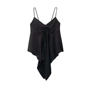 Chic black V-neck satin camisole with thin straps and asymmetrical handkerchief hem