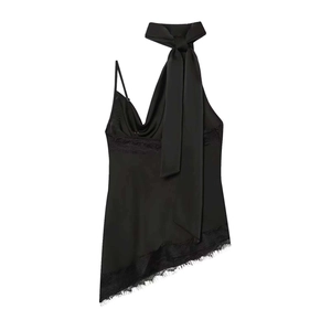 Elegant black satin halter neck top with lace trim and large bow tie accent