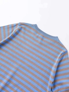 Detailed view of the crew neck and fine blue and brown striped knit texture