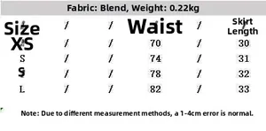 Size chart for women's plaid ruffled skirt showing XS-L measurements and fabric blend specs