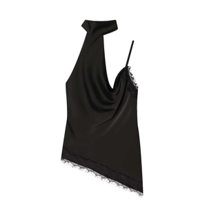 Elegant black satin halter neck top with asymmetrical lace hem and draped neckline