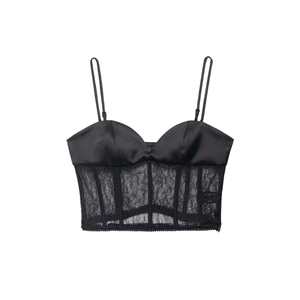 Damen Sexy Satin Spitze Patchwork Korsett Oberteil Spaghetti Träger Fischgräte Schlanke Passform Ärmellose Party Camisole Schwarz
