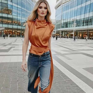 Women's copper satin sleeveless top with high neck and waist tie-up styling