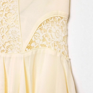 Elegant beige sleeveless lace dress with intricate floral embroidery and pleated fabric
