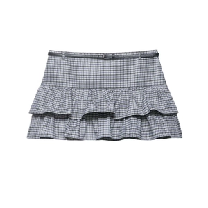 Women's Vintage Grey Plaid Mini Skirt With Belt Double Layer Ruffle Hem High Waist Casual Commuter Short A-Line Skirt