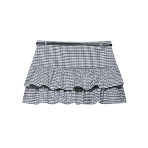Plaid tiered ruffle mini skirt in grey and blue with thin black belt, flat lay view