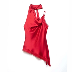 Women Satin Lace Halter Top Asymmetrical Cowl Neck Sleeveless Blouse With Bow Knot Elegant Party Backless Camisole Shirt