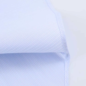 Detailed close-up showing the blue fine striped fabric texture and neat stitching of the shirt