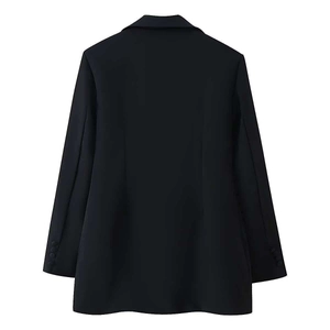 Rear view of black slim fit blazer dress showing sharp shoulder lines and buttons