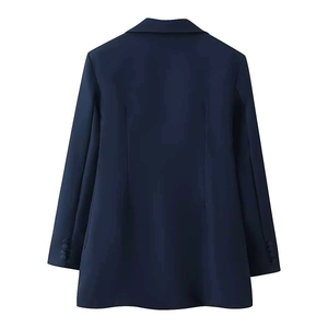Back view of slim fit navy blue blazer dress showing tailored seams and sleeve buttons