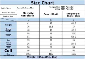 Detailed size chart for women's khaki tweed jacket with measurements for S, M, and L sizes