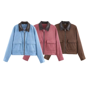 Three corduroy jackets in blue pink and brown with leather collars and silver zippers