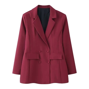 Deep burgundy double-breasted blazer for women with classic lapel and flap pockets