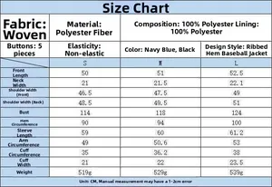 Detailed size guide table for women loose short jacket with measurements in centimeters